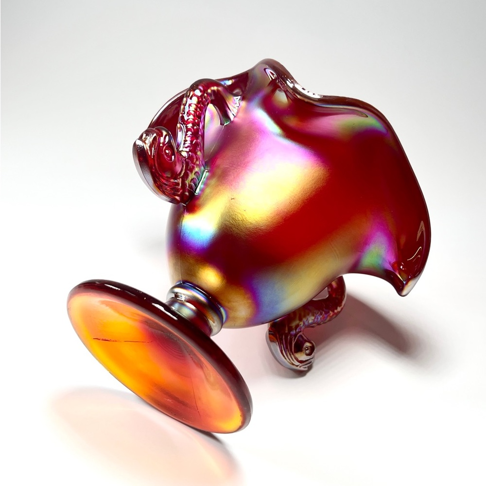 Vintage Fenton red iridescent dolphinfish compote bowl.